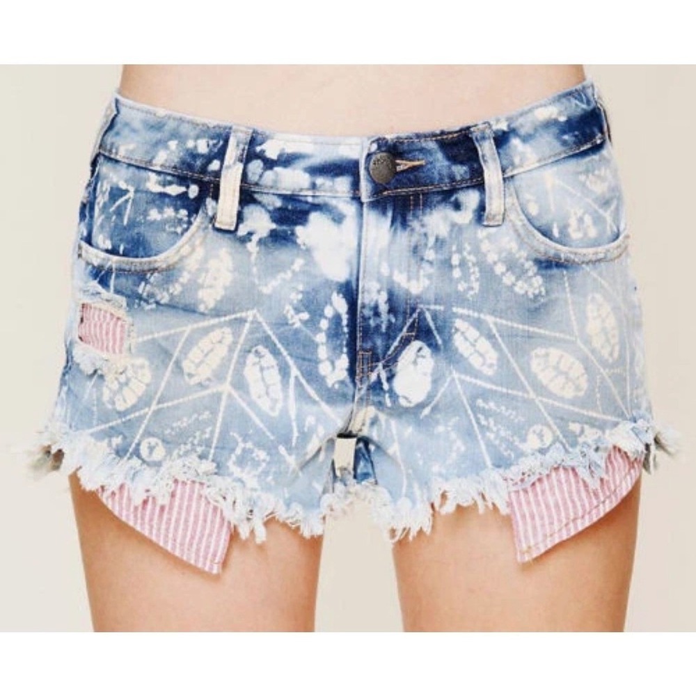 Free People Light Blue Tie-Dye & Distressed Denim Jean Shorts